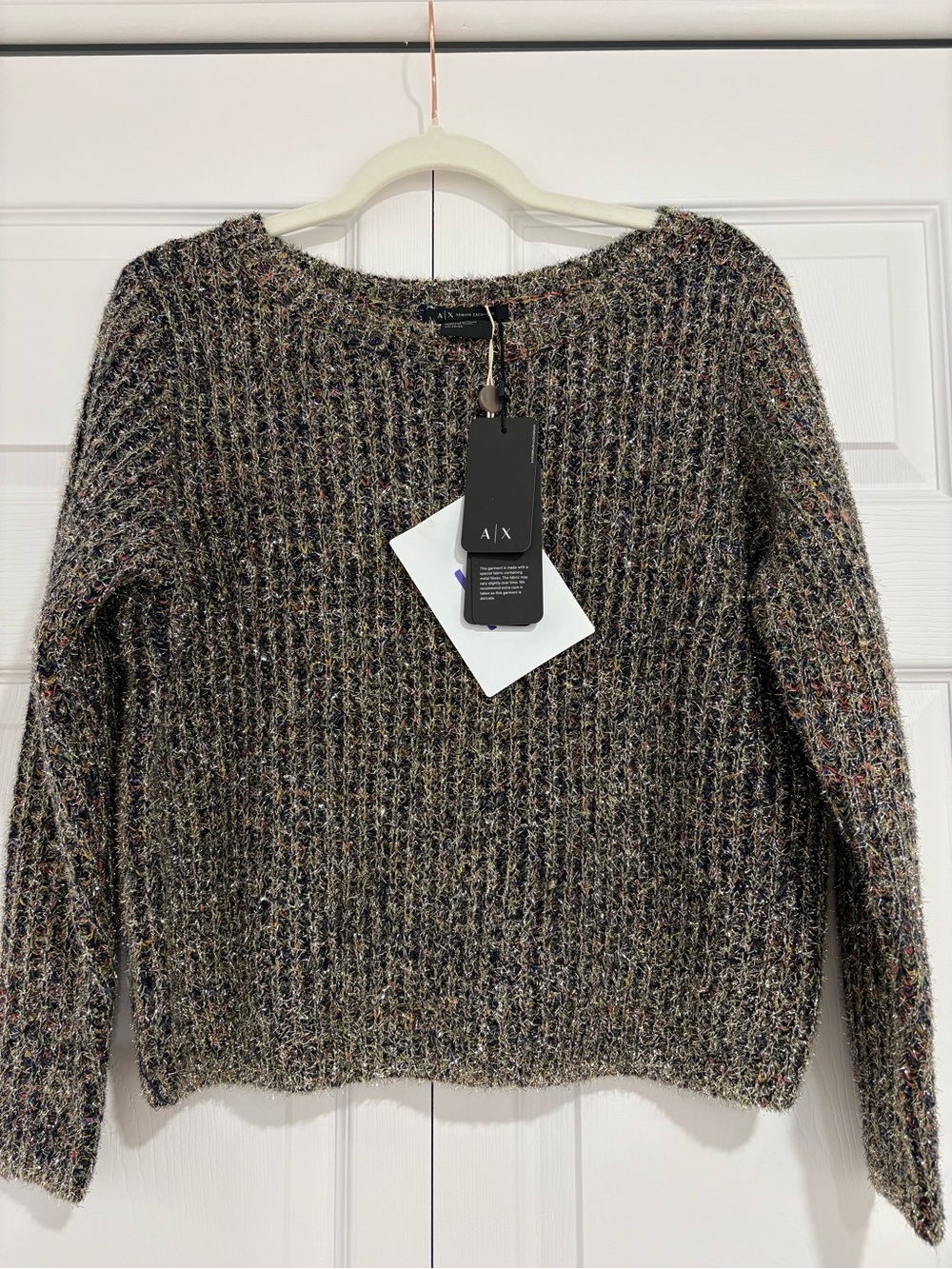 NWT Armani Exchange Metallic Lurex Knit Cropped Sweater Multi-Color Gold XS